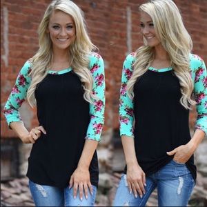 Baseball Tee Shirt Black Floral Teal Sleeves S/M